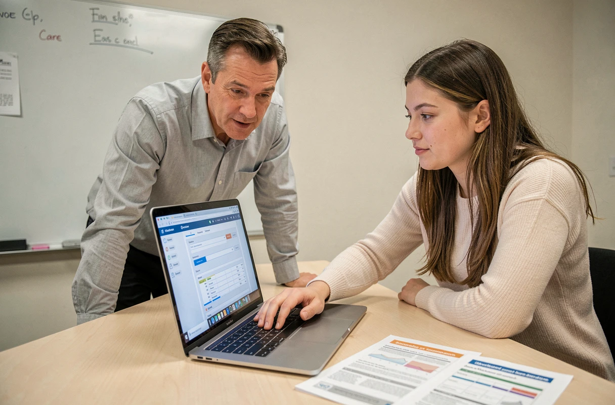 Formateur ADMR guidant un nouvel employé sur le logiciel Philia lors d'une session de formation en salle