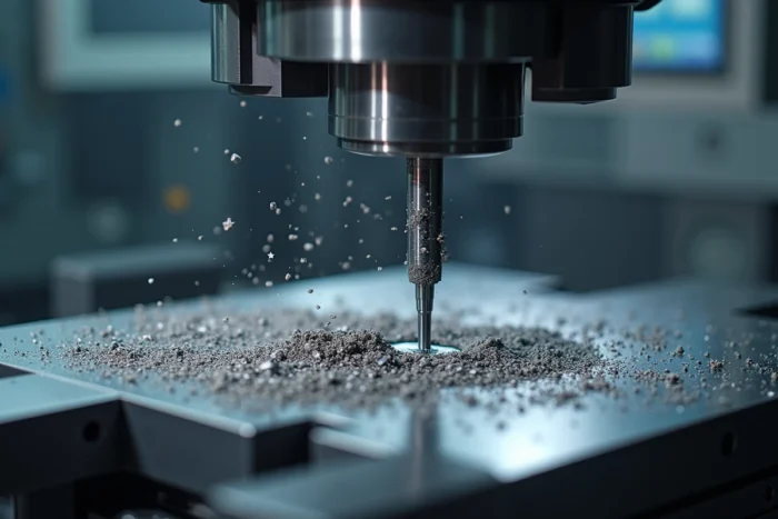 Fraisage CNC multi-axes d'une pièce en titane avec projection de copeaux métalliques en atelier d'usinage haute précision