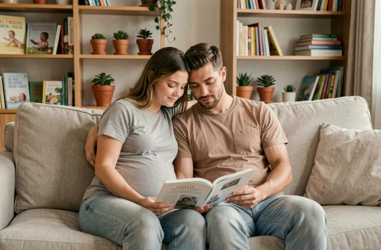 Jeune couple de futurs parents lisant un guide de parentalité ensemble dans leur salon chaleureux