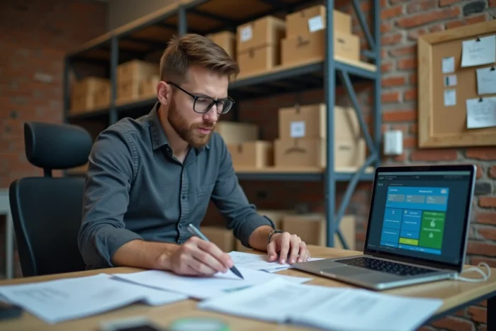 Gérant de commerce étudiant les obligations légales de la caisse enregistreuse certifiée 2026 dans son bureau