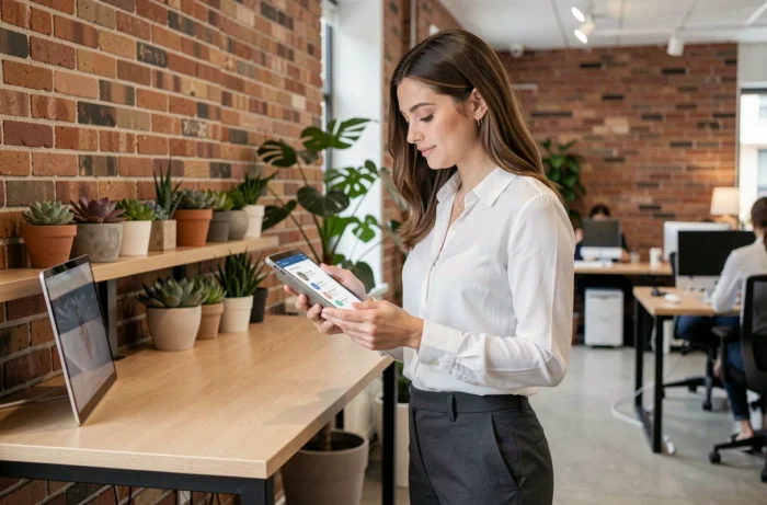 Jeune professionnelle de santé gérant son espace Netsoins sur une tablette dans un espace de coworking moderne