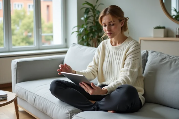 Femme gérant ses tâches quotidiennes sur une application numérique depuis son salon minimaliste