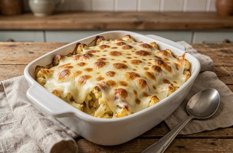 Gratin de chou-fleur à la béchamel doré dans un plat en céramique blanche sur une table en bois rustique