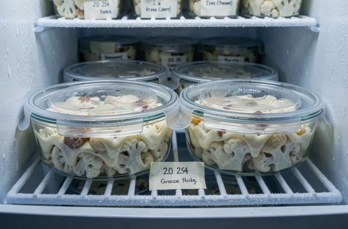 Portions de gratin de chou-fleur à la béchamel dans des boîtes hermétiques étiquetées prêtes à être congelées dans un tiroir de congélateur