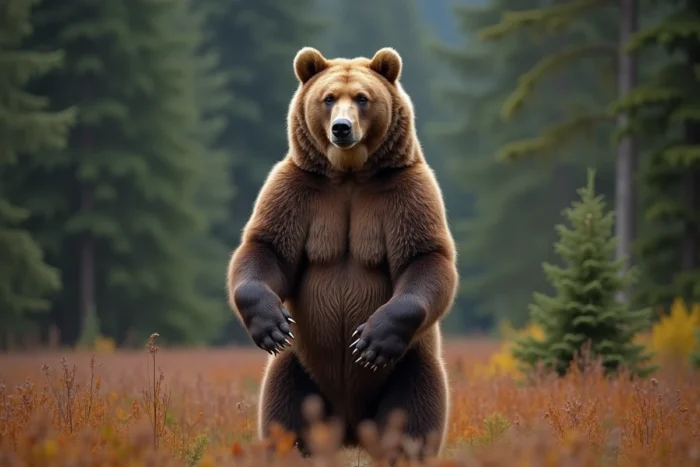 Grizzly d'Amérique du Nord debout sur ses pattes arrière dans une forêt d'Alaska, montrant sa stature imposante et sa bosse musculaire caractéristique