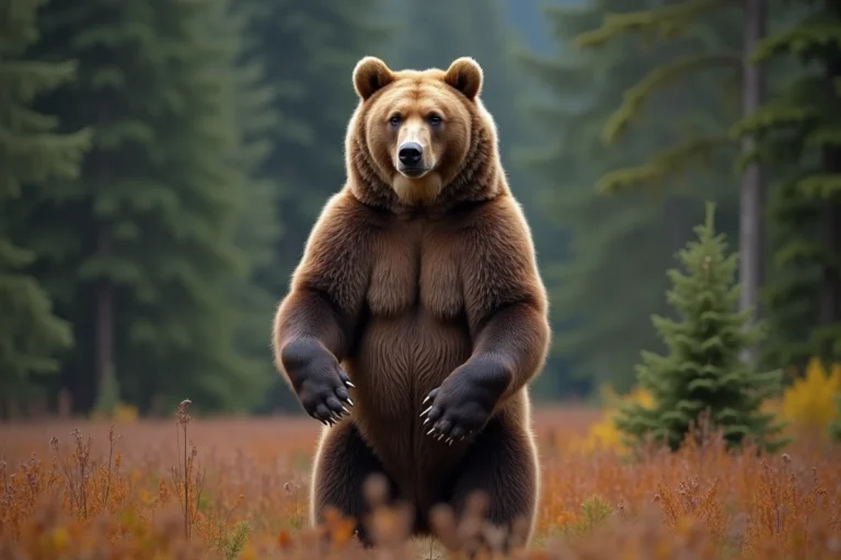 Grizzly d'Amérique du Nord debout sur ses pattes arrière dans une forêt d'Alaska, montrant sa stature imposante et sa bosse musculaire caractéristique