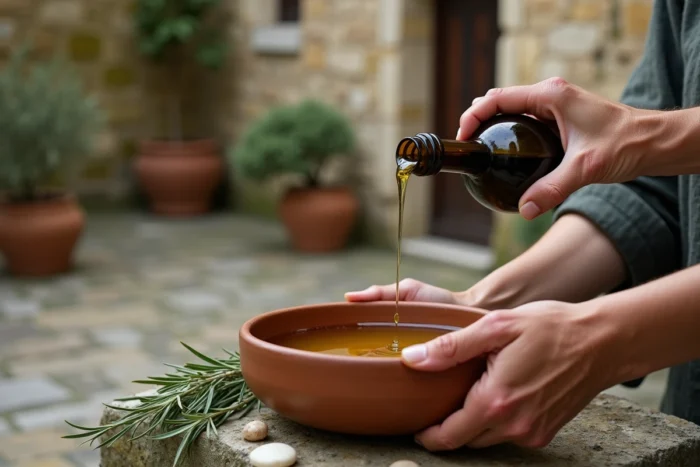 Gros plan de mains versant de l'huile d'olive dans un bol d'eau pour réaliser un rituel contre le mauvais œil