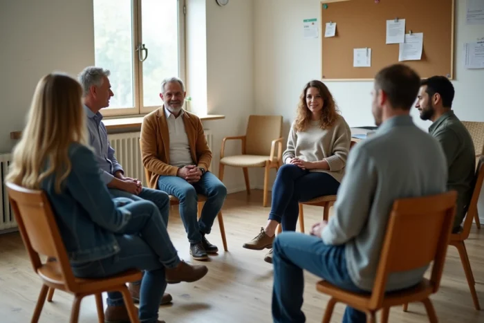 Groupe de soutien réuni en cercle dans une salle communautaire, représentant l'entraide collective pour vivre sereinement l'arrêt de l'alcool