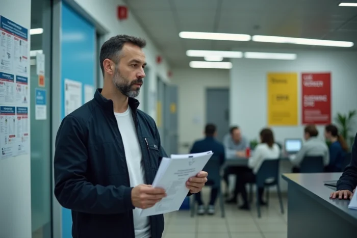 Homme en agence Pôle emploi tenant un dossier administratif pour résoudre un retard d'allocation chômage