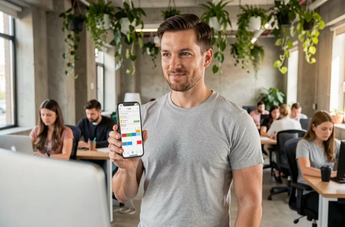 Homme consultant une application de productivité et gestion de tâches sur smartphone dans un espace de coworking moderne