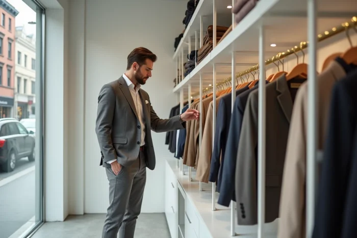 Homme élégant découvrant des pièces de mode tendance dans une boutique contemporaine épurée
