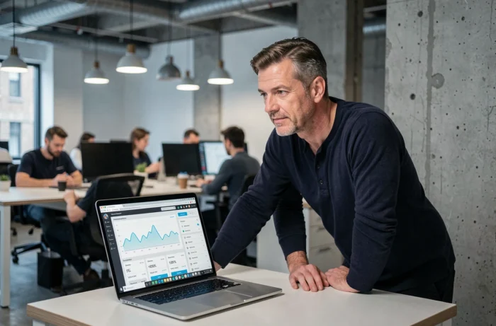 Homme professionnel consultant un panneau de contrôle d'hébergement web sur un laptop dans un espace de coworking