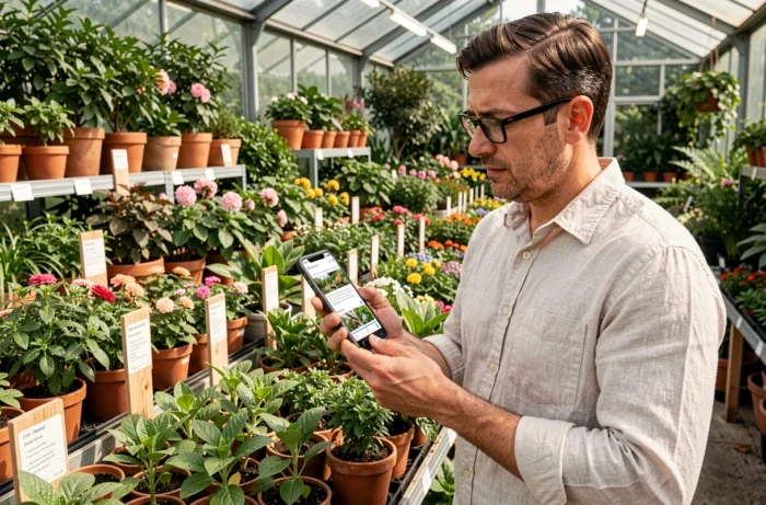 Homme dans une jardinerie consultant des informations sur un site de jardinage via smartphone