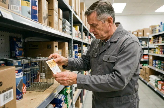Homme dans un magasin de bricolage examinant un piège à fouine en cage métallique sur un rayon de produits antiparasitaires