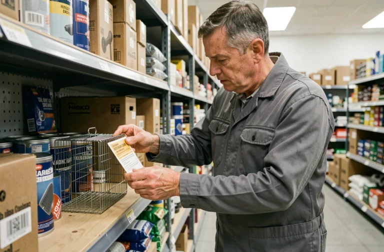 Homme dans un magasin de bricolage examinant un piège à fouine en cage métallique sur un rayon de produits antiparasitaires