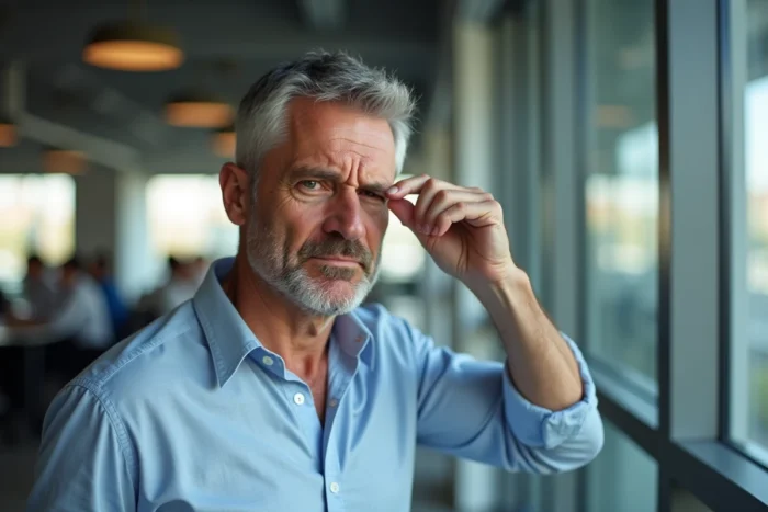 Homme d'âge mûr se frottant la paupière avec irritation dans un environnement de bureau professionnel
