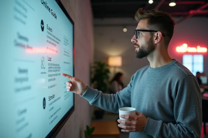 Homme présentant un portail de guides en ligne sur un grand écran dans un espace de coworking moderne