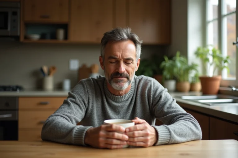 Homme de 45 ans serein tenant une tasse de tisane dans une cuisine chaleureuse, symbolisant le bien-être après l'arrêt de l'alcool