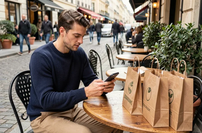 Homme consultant une application de mode sur smartphone en terrasse avec des sacs de shopping tendance posés à côté de lui