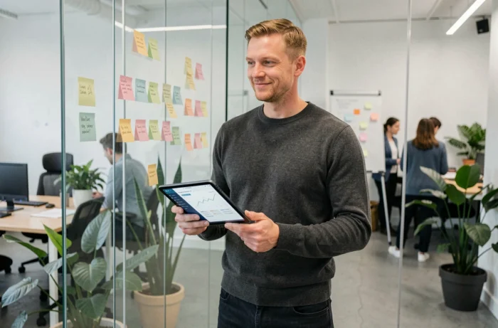 Professionnel masculin consultant un tableau de bord digital sur tablette dans un bureau de startup moderne