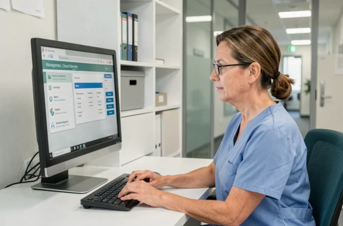 Infirmière en blouse médicale bleue accédant à l'espace personnel Netsoins sur un ordinateur de bureau dans un bureau administratif de santé