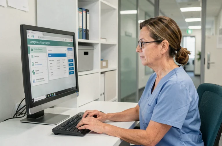 Infirmière en blouse médicale bleue accédant à l'espace personnel Netsoins sur un ordinateur de bureau dans un bureau administratif de santé