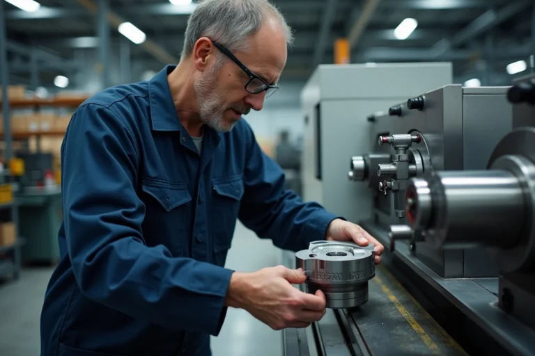 Ingénieur en usinage de précision inspectant une pièce usinée sur un tour CNC dans un atelier industriel moderne