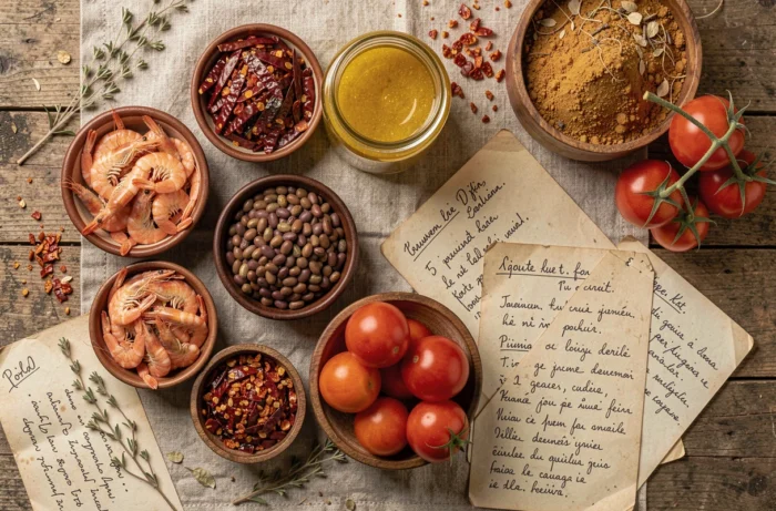 Ingrédients secrets de la sauce Yopie disposés en flat-lay avec épices africaines et notes de recette manuscrites