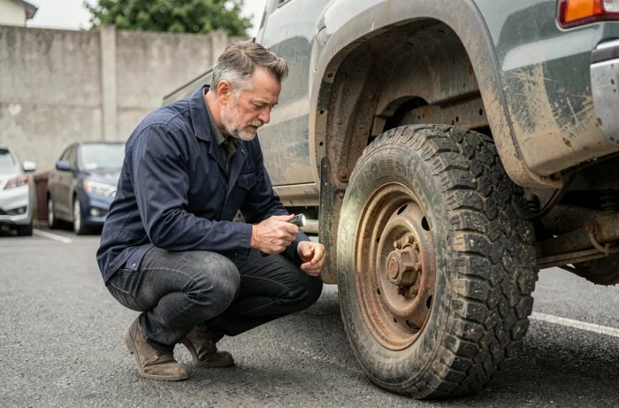 Homme inspectant la carrosserie et le châssis d'un pick-up 4x4 d'occasion avant achat