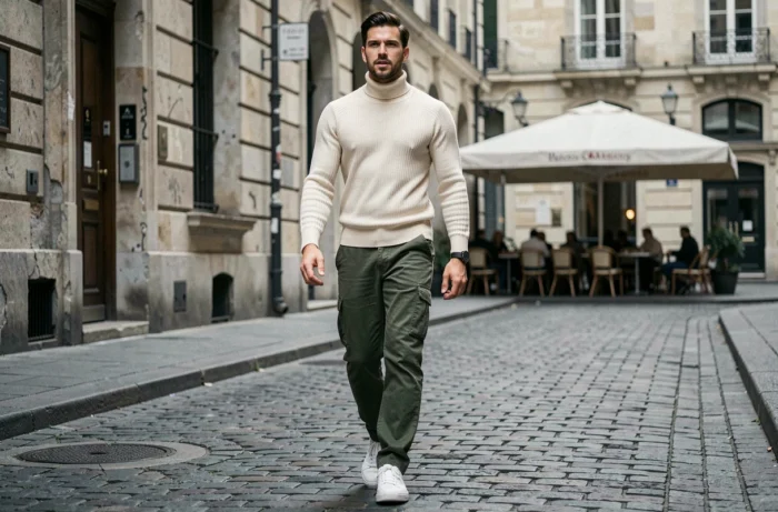 Homme en tenue urbaine tendance marchant dans une rue pavée européenne, inspirations mode masculine 2024