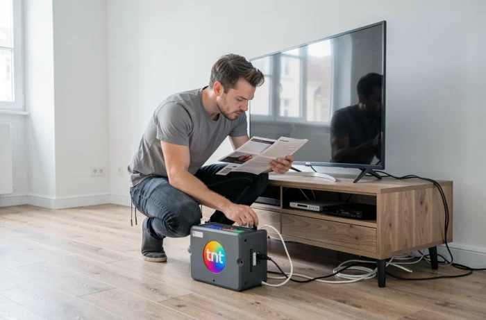 Homme installant un décodeur TNT pour accéder aux chaînes payantes dans un appartement français