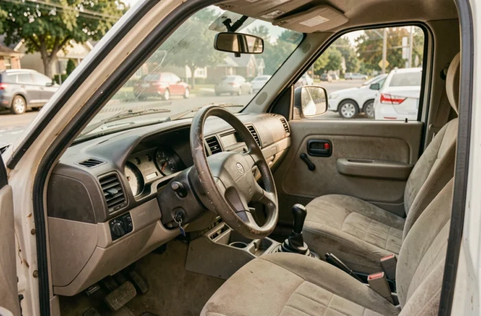 Intérieur usagé d'un pick-up 4x4 d'occasion montrant le tableau de bord et le levier de vitesse