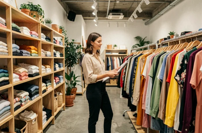 Intérieur du magasin de vêtements à Dancharia avec une cliente qui fait du shopping parmi les nouveautés de la collection