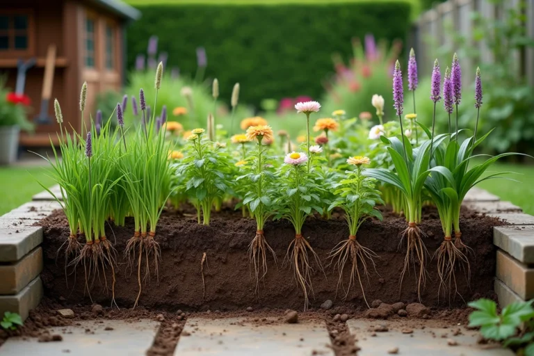 Jardin résistant avec une variété de plantes aux racines profondes dans un sol travaillé, illustrant le thème des plantes enracinées