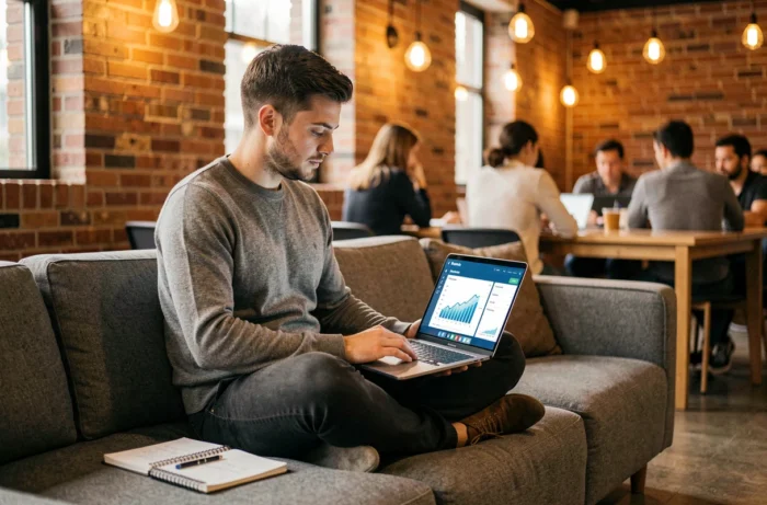 Jeune entrepreneur travaillant sur des outils numériques innovants dans un espace de coworking pour optimiser la performance de son activité