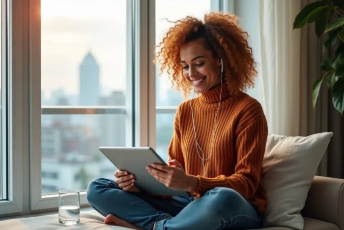 Jeune femme explorant un tableau de bord de ressources Business Hack sur une tablette près d'une fenêtre urbaine