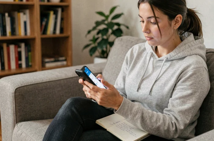 Jeune femme vérifiant ses droits et délais de paiement CAF sur une application mobile