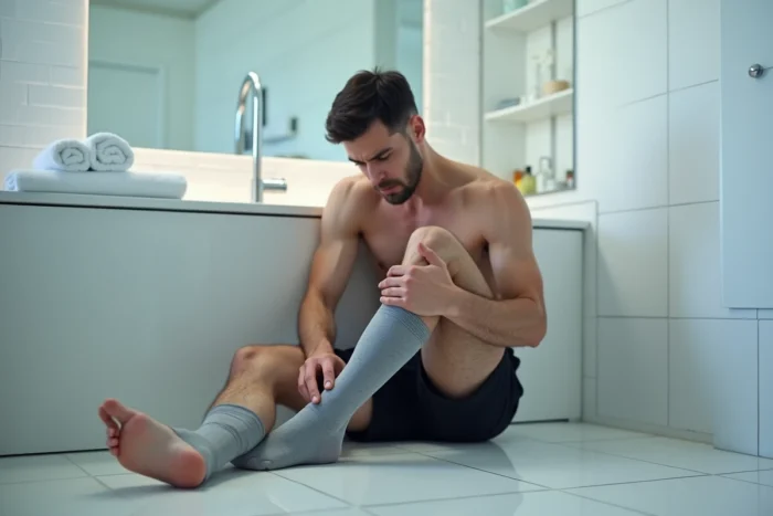 Jeune homme massant sa jambe avec une chaussette de compression dans une salle de bain, illustrant les douleurs nocturnes aux jambes et les troubles circulatoires
