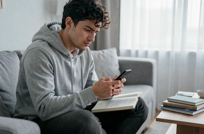 Jeune homme vérifiant la fiabilité d'informations de santé sur son smartphone avec un carnet de notes pour éviter les fausses croyances