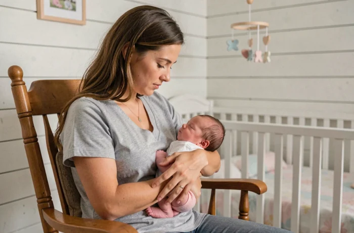 Jeune mère tenant son nouveau-né dans les bras dans une chambre de bébé apaisante