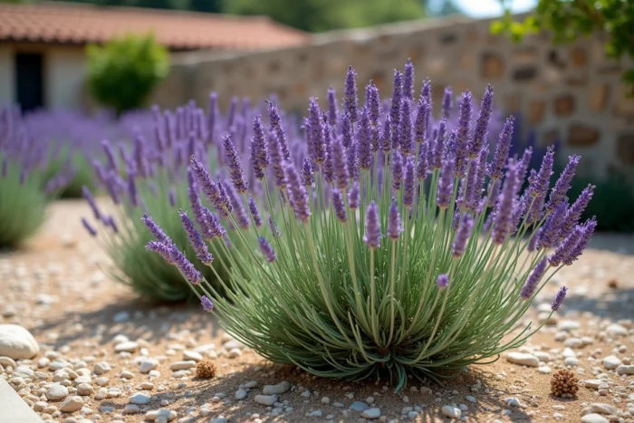 Lavande officinale en fleur sur une terrasse rocailleuse avec muret en pierre sèche, résistante à la sécheresse et au soleil