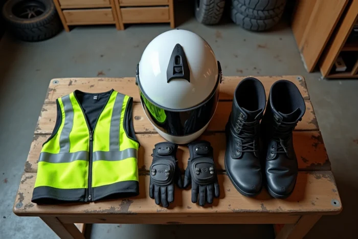 Équipement moto obligatoire en Espagne disposé sur un établi : casque homologué, gilet haute visibilité, gants et bottes de protection