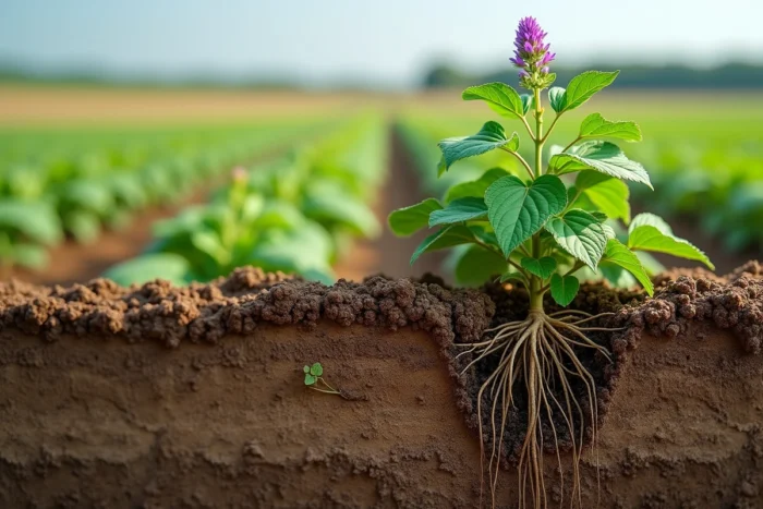 Luzerne cultivée avec son impressionnante racine pivotante profonde visible dans une coupe de sol agricole, nodules azotés apparents