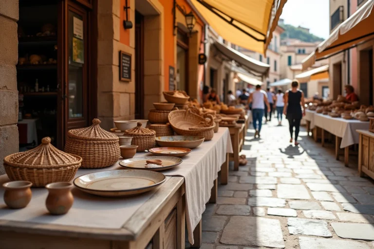 Étal de marché traditionnel à Porto Torres en Sardaigne avec céramiques artisanales et paniers tressés exposés sur une table en bois