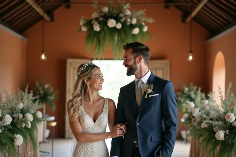 Mariés riant dans une grange rustique décorée de fleurs sauvages et de verdure pour un mariage unique et chaleureux