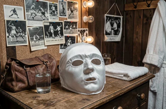 Masque de catch blanc artisanal posé sur une table de loge vintage avec des photos de catch français en noir et blanc