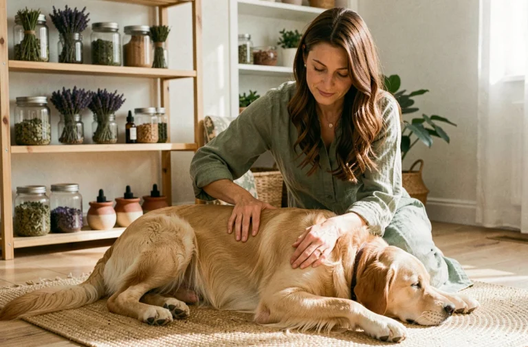 Femme pratiquant un massage naturel sur un golden retriever allongé sur un tapis en jute, dans un intérieur chaleureux aux herbes médicinales