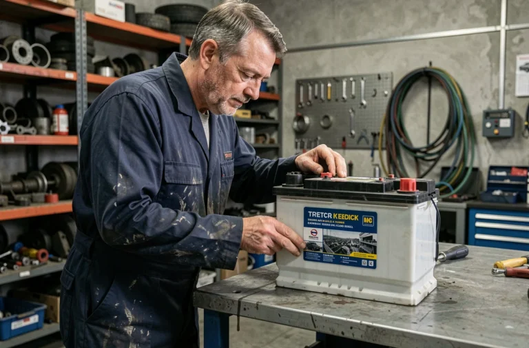 Mécanicien inspectant une batterie de voiture d'occasion dans un atelier automobile