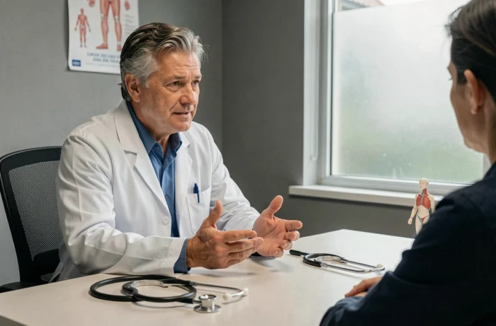 Médecin généraliste expliquant des informations de santé fiables à son patient lors d'une consultation médicale professionnelle