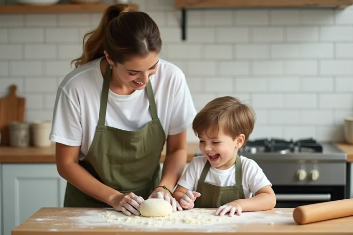 Mère et jeune garçon préparant de la pâte à pain ensemble dans une cuisine moderne, farine sur les mains, apprentissage par le jeu